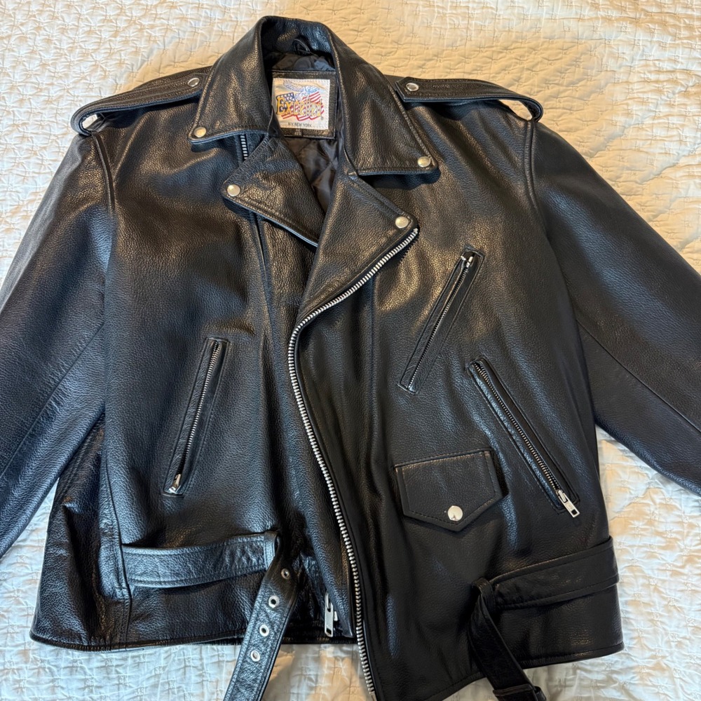 VTG Excelled NY NY Heavy Leather Motorcycle Jacket‎ M 46 Black Biker Moto Belted